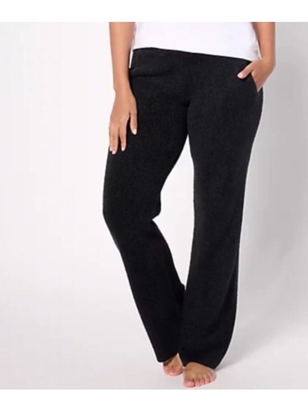 NEW Barefoot Dreams Wide-Leg CozyChic Lite Ribbed Pants Pull-On Black 1X Lounge